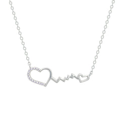 Asfour Crystal Chain Necklace With Hearts & Heartbeat Pendant In 925 Sterling Silver-NM0081