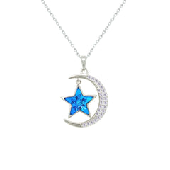 Asfour Crystal Chain Necklace With Blue Crescent & Star Design In 925 Sterling Silver-NM0093-WB