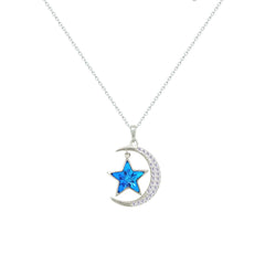 Asfour Crystal Chain Necklace With Blue Crescent & Star Design In 925 Sterling Silver-NM0093-WB