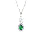Asfour Crystal Chain Necklace With Halo Emerald Pear Pendant In 925 Sterling Silver-NM0094-WG