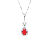 Asfour Crystal Chain Necklace With Halo Ruby Pear Pendant In 925 Sterling Silver-NM0094-WR