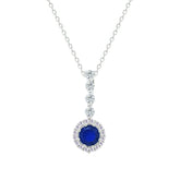 Asfour Crystal Chain Necklace With Halo Blue Round Zircon Pendant In 925 Sterling Silver-NM0105-B