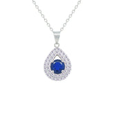 Asfour Crystal Chain Necklace With Halo Blue Pear Pendant In 925 Sterling Sliver-NM0109-WB