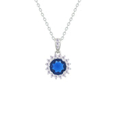 Asfour Crystal Chain Necklace With Halo Blue Round Pendant In 925 Sterling Sliver-NM0110-B