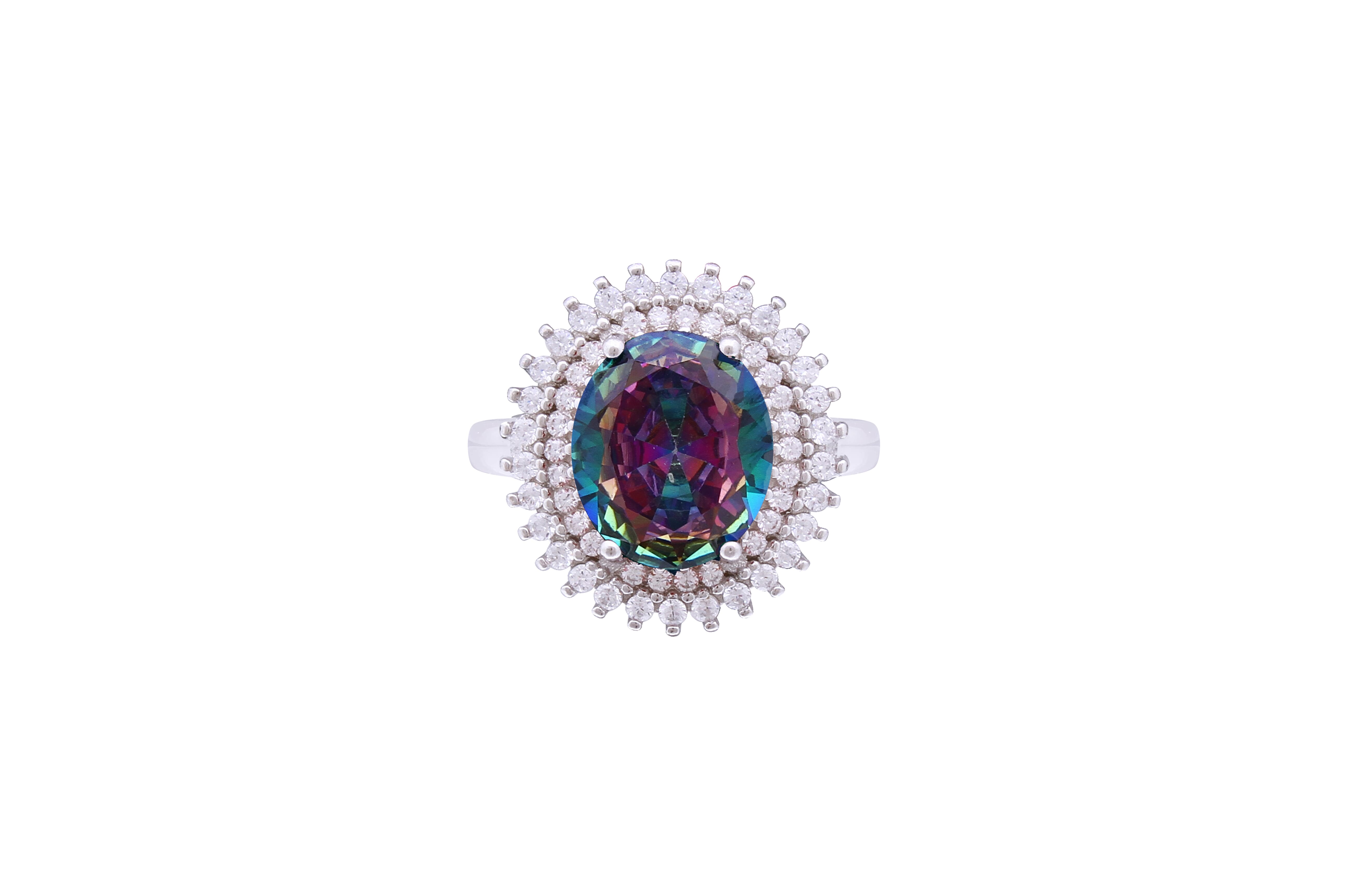 Asfour Crystal Halo Ring With Oval Cut Multi Color Zircon Stone In 925 Sterling Silver RD0070-APW-8