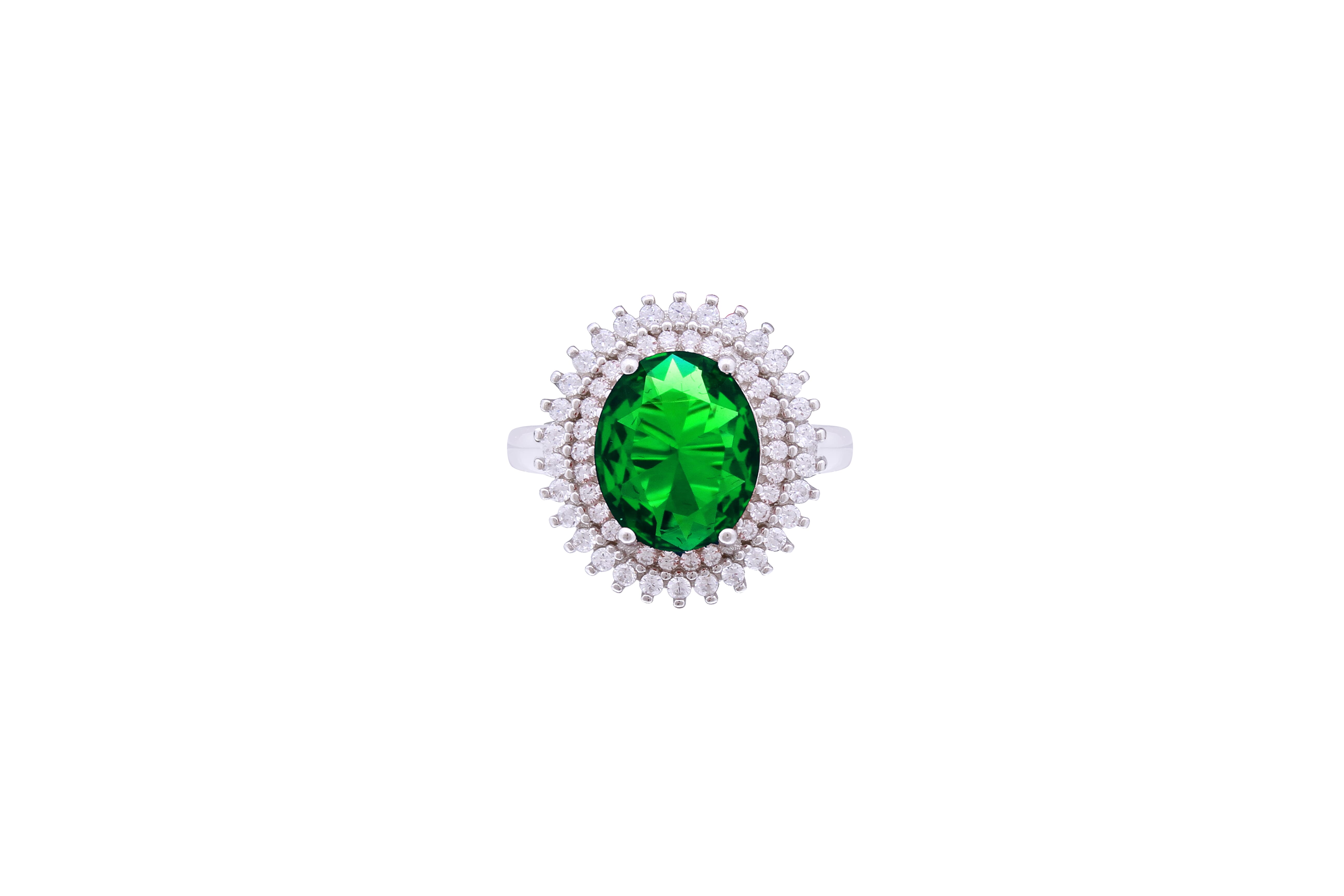 Asfour Crystal Halo Ring With Oval Cut Emerald Zircon Stone In 925 Sterling Silver RD0070-GW-8