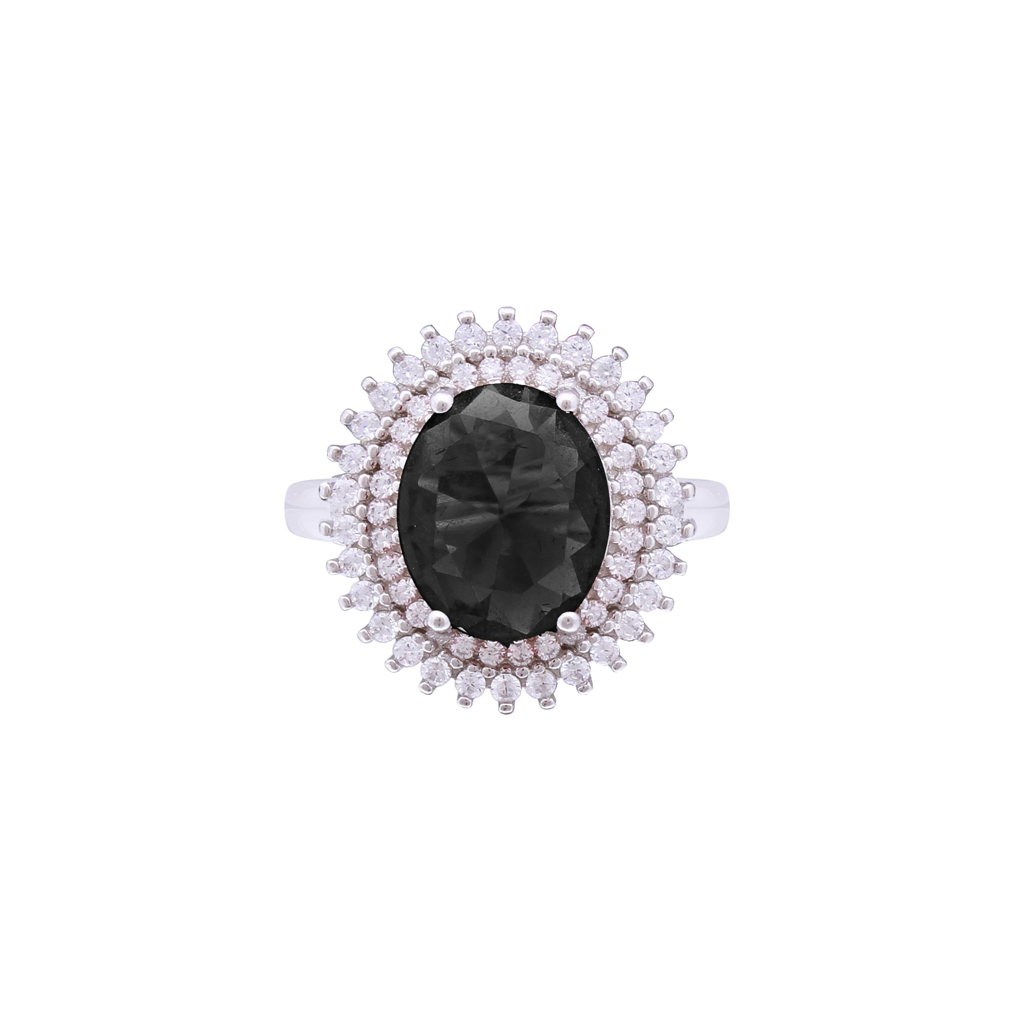 Asfour Crystal Black Oval Ring Inlaid With Zircon Stone In 925 Sterling Silver RD0070-PW-9