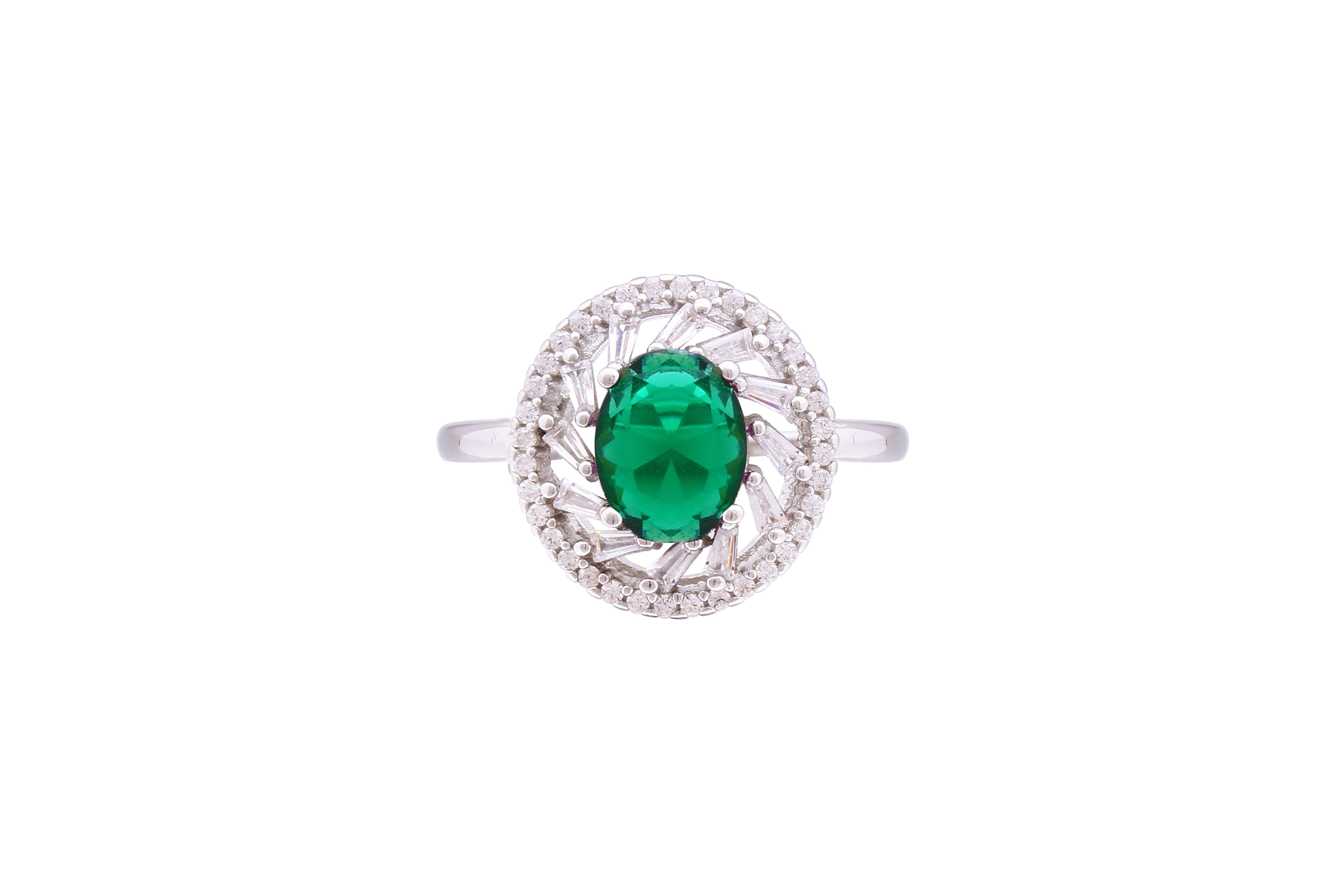 Asfour Crystal Halo Ring With Emerald Zircon Stone In 925 Sterling Silver RD0073-GW-7