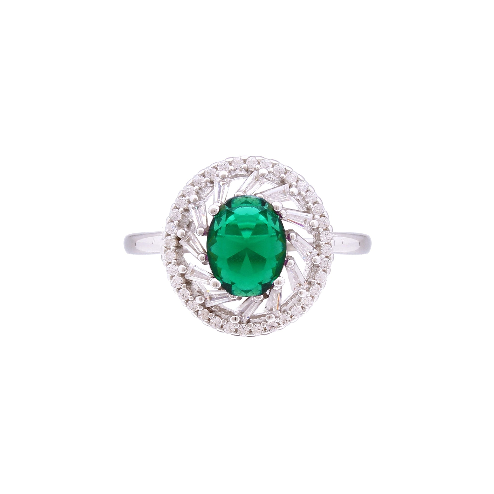 Asfour Crystal Halo Ring With Emerald Zircon Stone In 925 Sterling Silver RD0073-GW-8