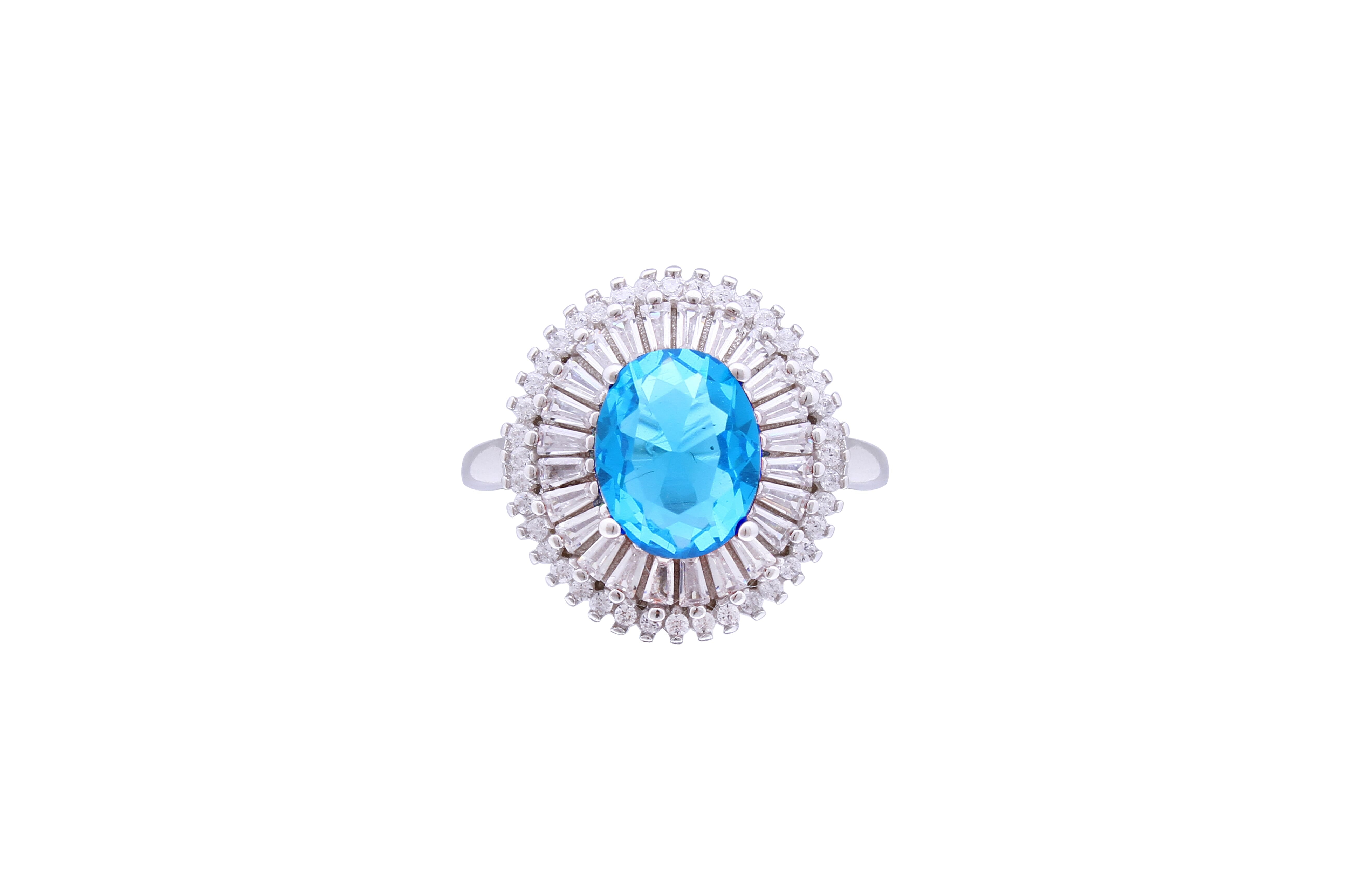 Asfour Crystal Halo Ring With Aquamarine Zircon Stone In 925 Sterling Silver RD0073-MW-7