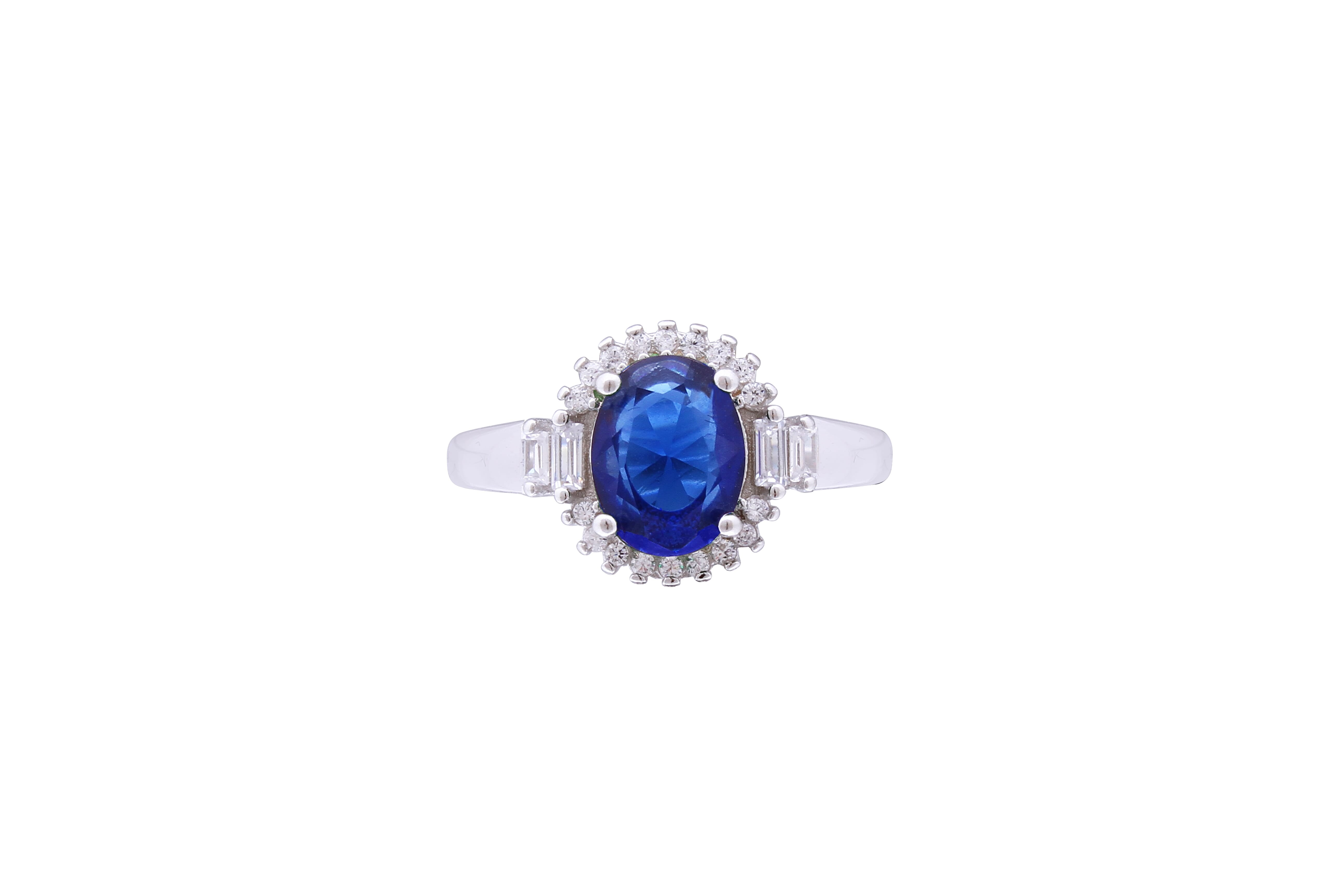 Asfour Crystal Halo Ring With Blue Zircon Stone In 925 Sterling Silver RD0075-B-7