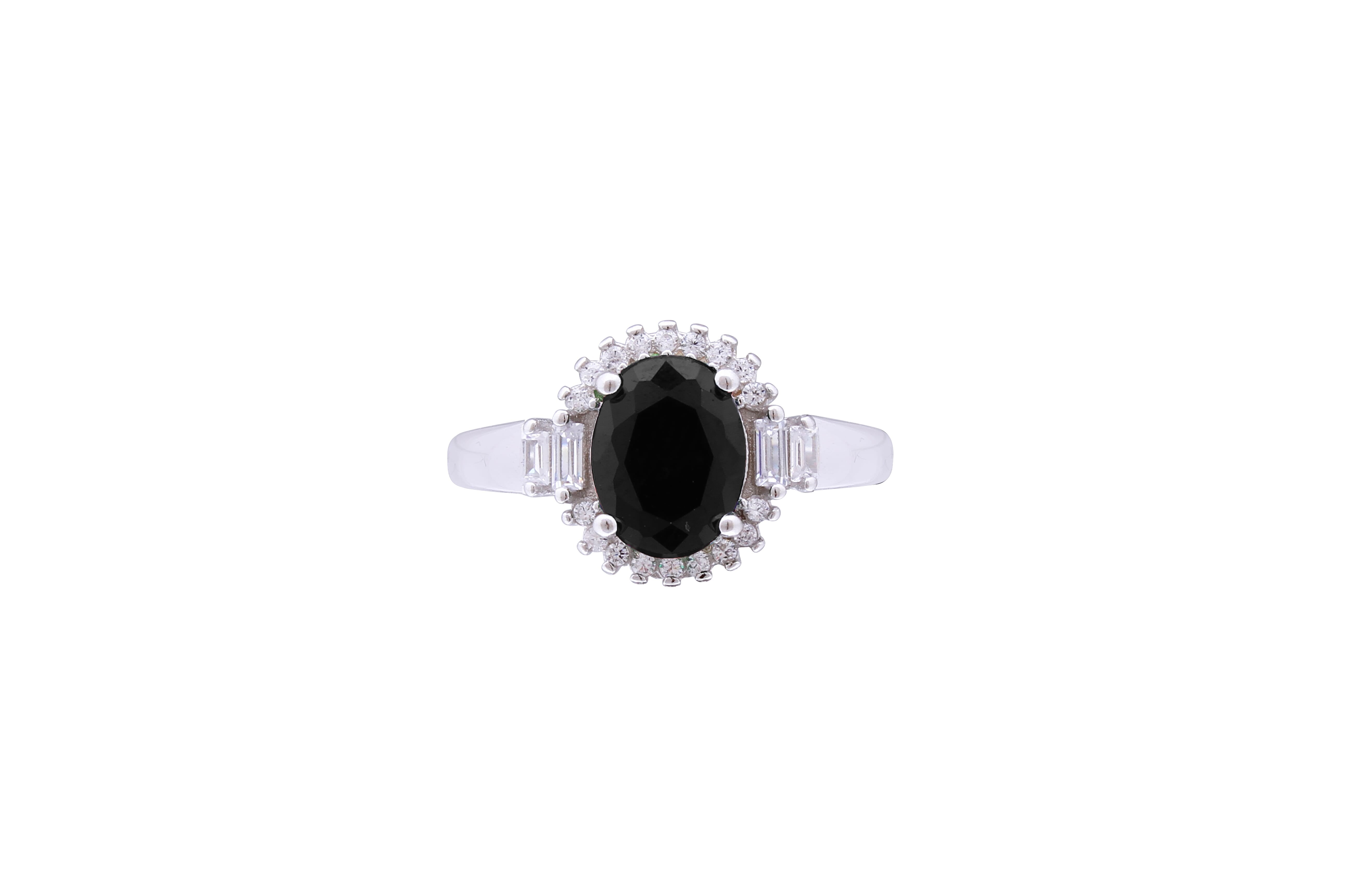 Asfour Crystal Halo Ring With Black Zircon Stone In 925 Sterling Silver RD0075-P-7