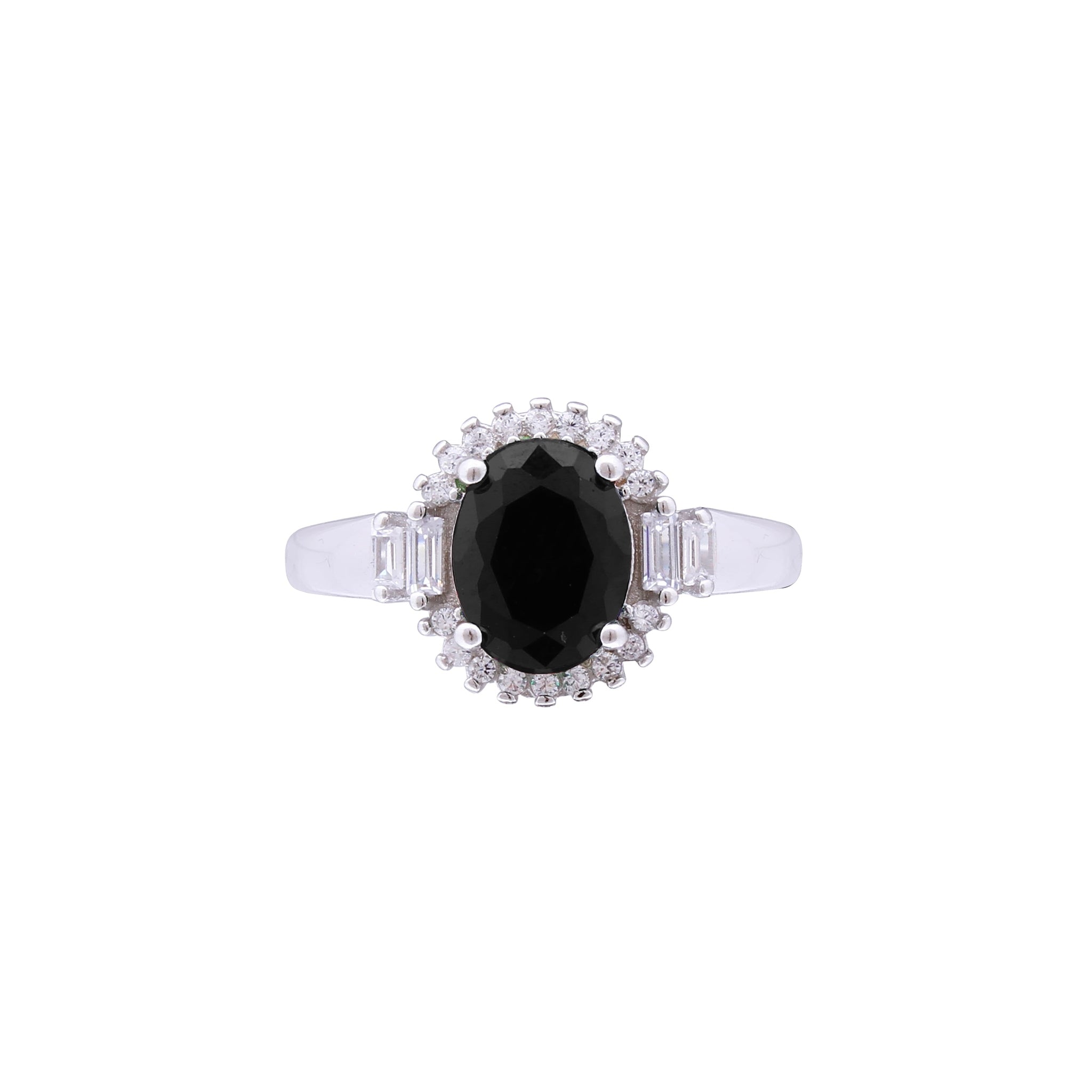 Asfour Crystal Halo Ring With Black Zircon Stone In 925 Sterling Silver RD0075-P-8