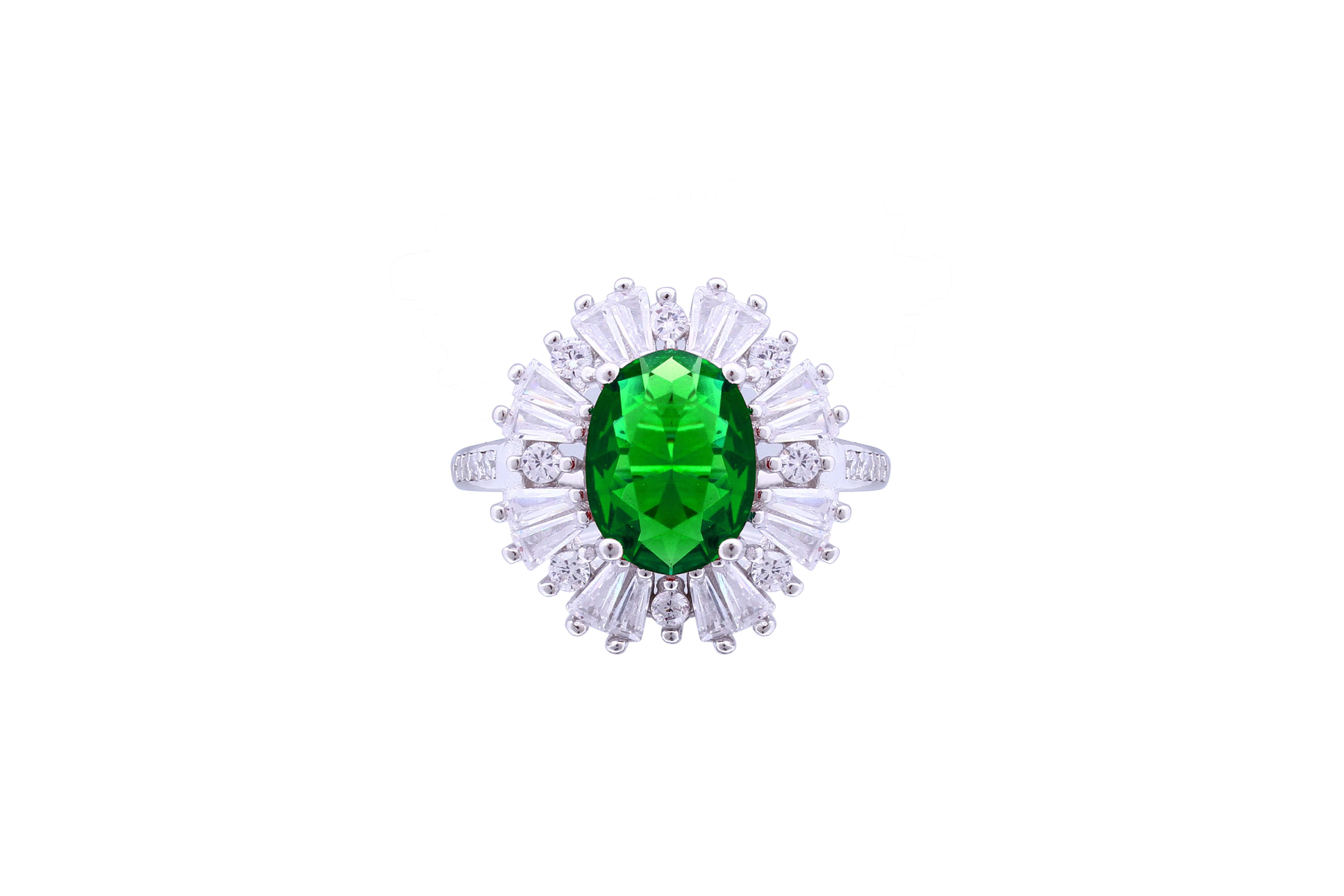 Asfour Crystal Emerald Oval Ring Inlaid With Zircon Stones In 925 Sterling Silver RD0076-GW-8