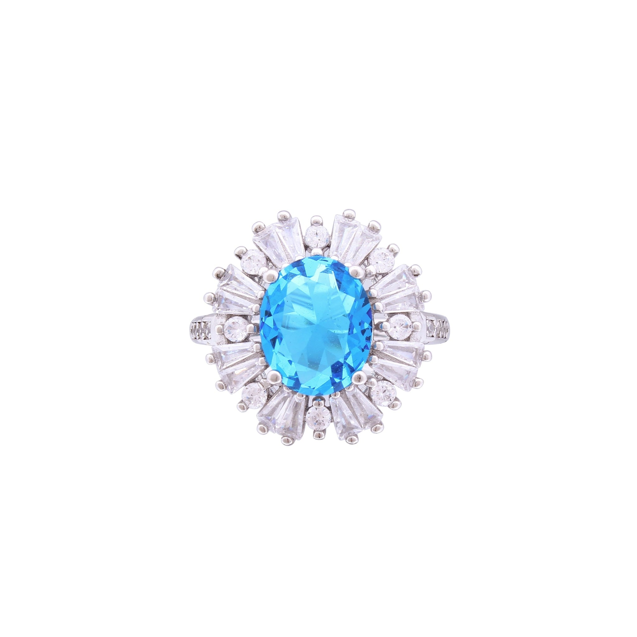 Asfour Crystal Aquamarine Oval Ring Inlaid With Zircon Stone In 925 Sterling Silver RD0076-MW-7