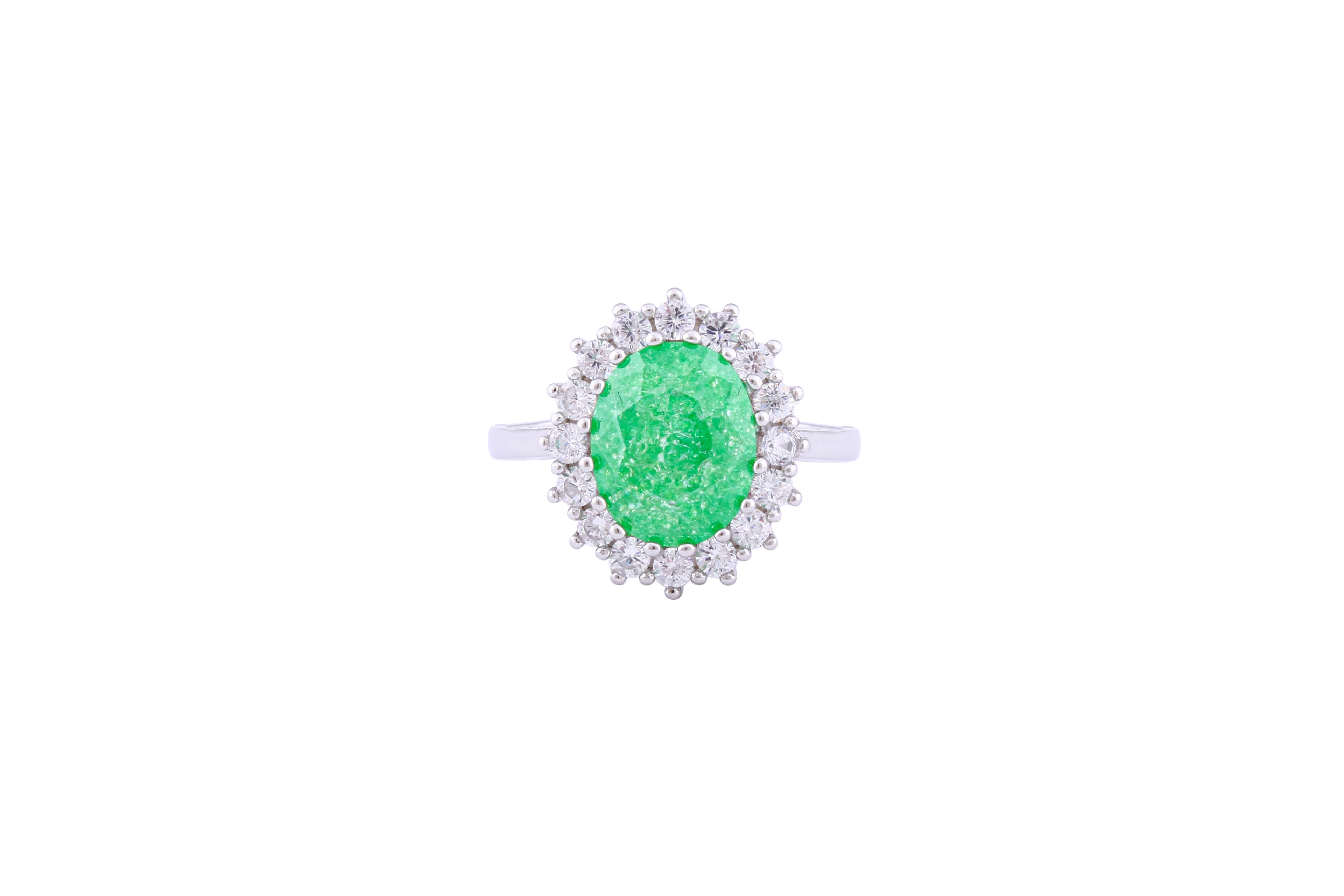 Asfour Crystal Halo Ring With Emerald Opal Stone In 925 Sterling Silver-RD0094-G-A-9