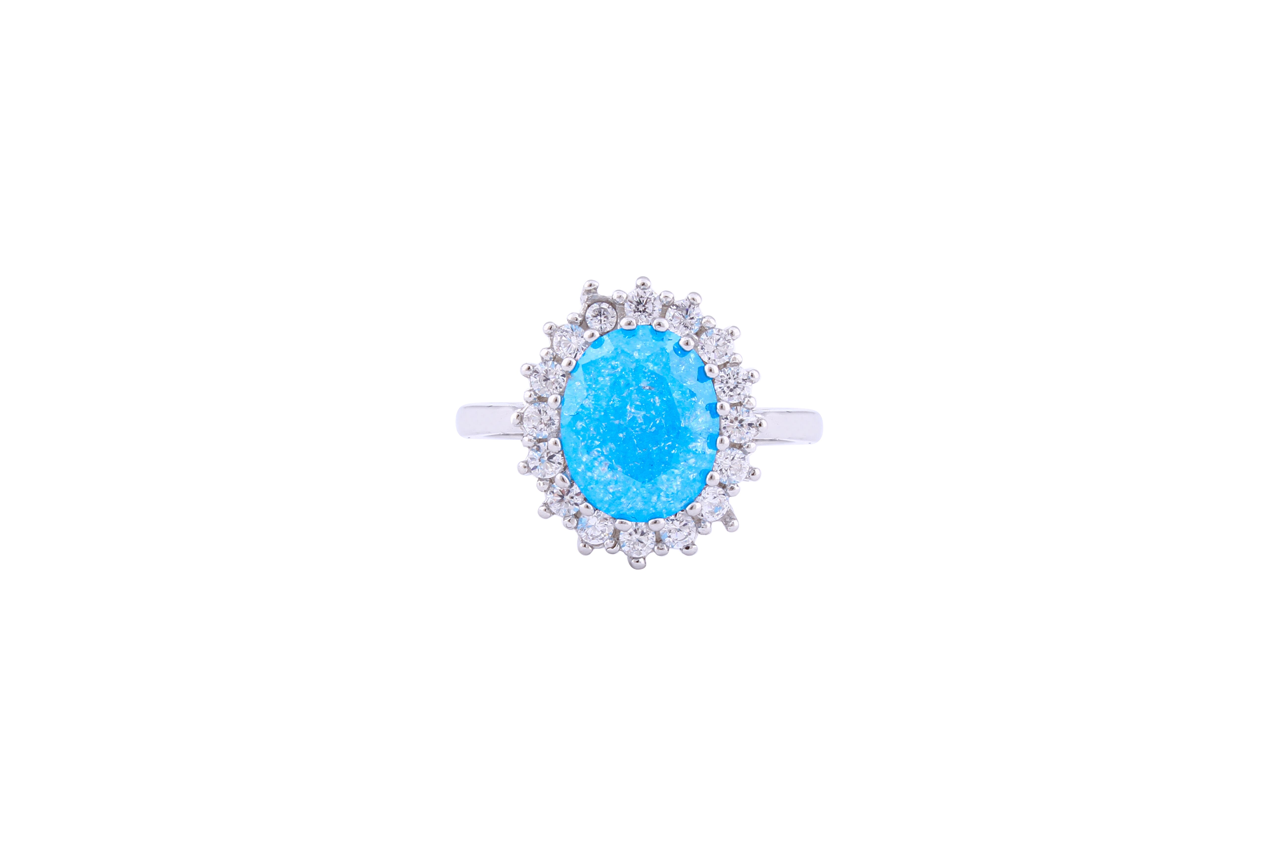 Asfour Crystal Halo Ring With Aquamarine Opal Stone In 925 Sterling Silver-RD0094-M-A-8