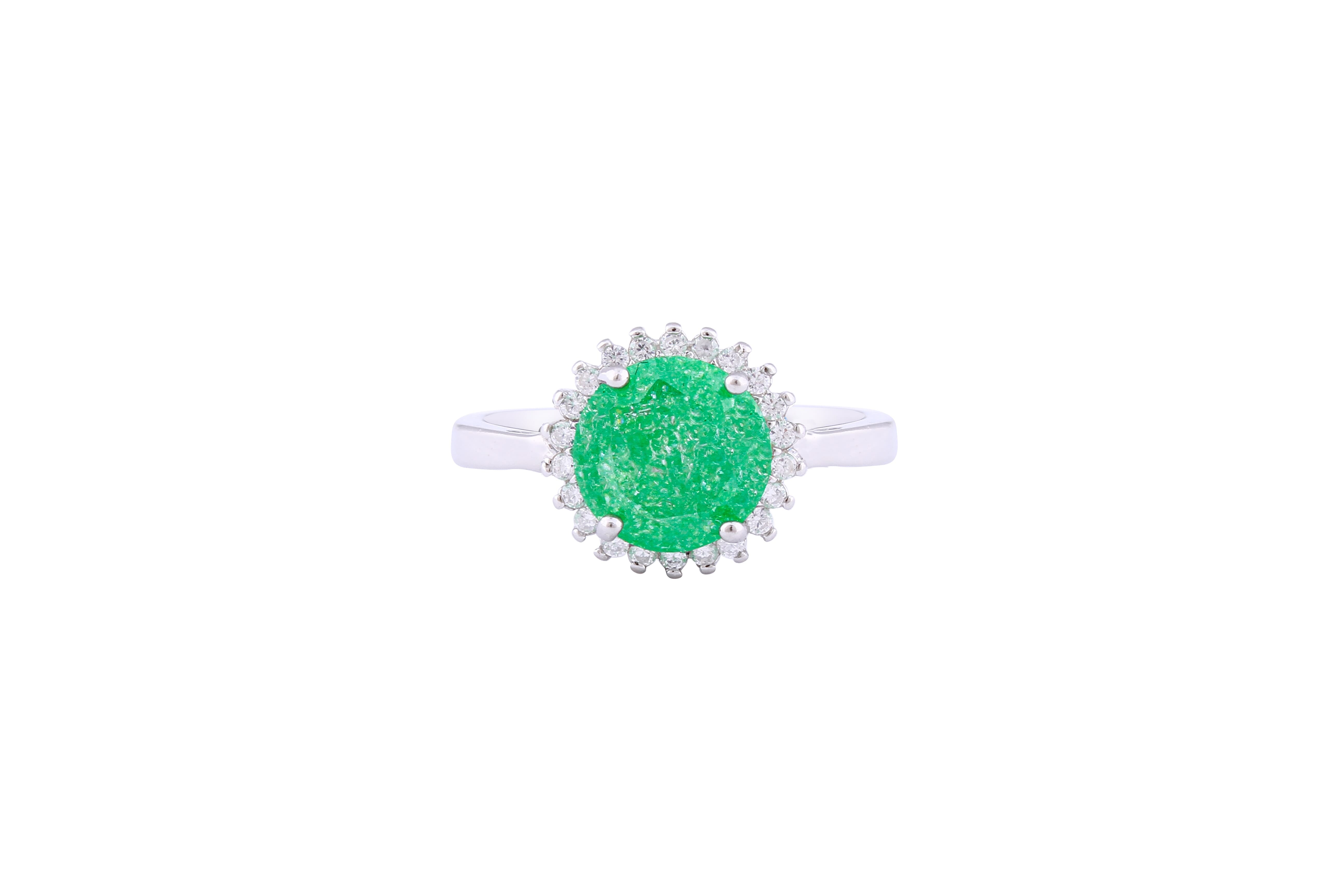 Asfour Crystal Halo Ring With Emerald Round Design In 925 Sterling Silver-RD0096-G-A-8