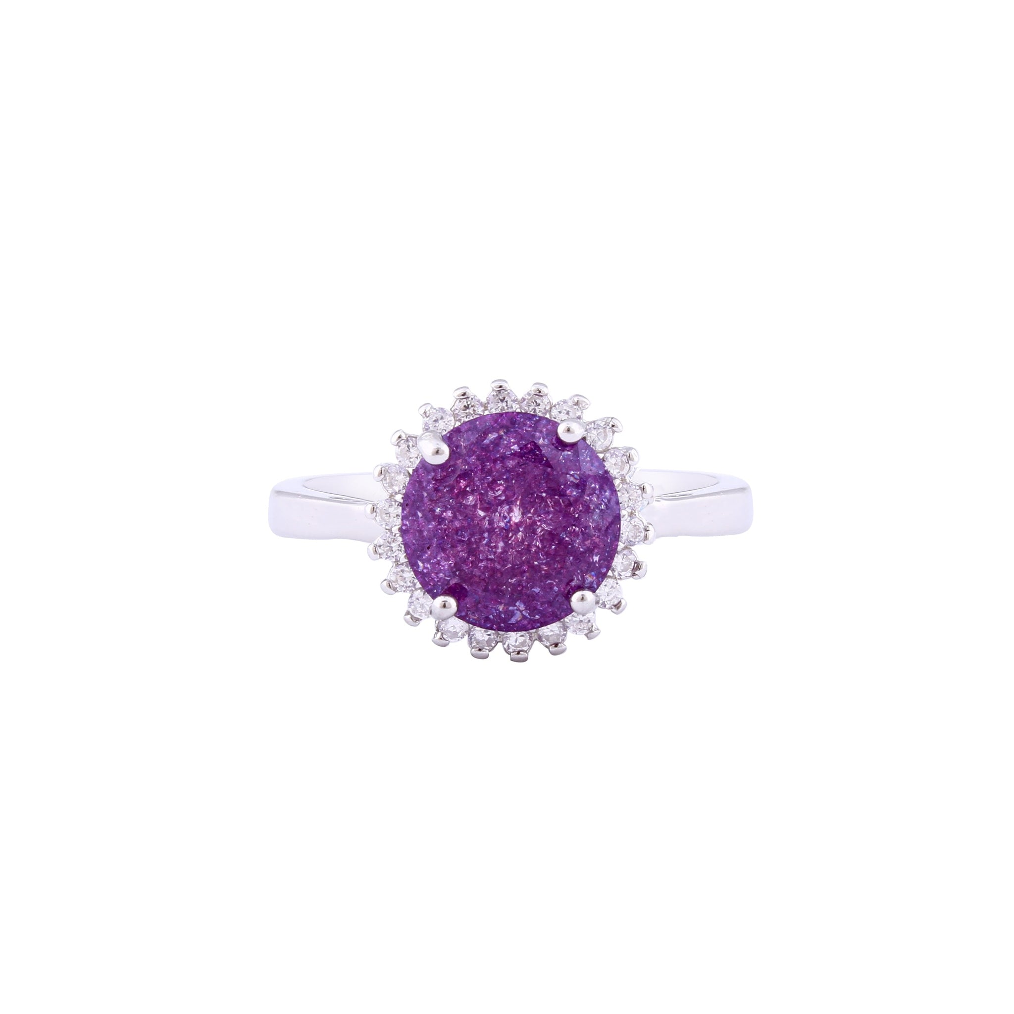 Asfour Crystal Halo Ring With Tenzanite Round Design In 925 Sterling Silver-RD0096-N-A-7