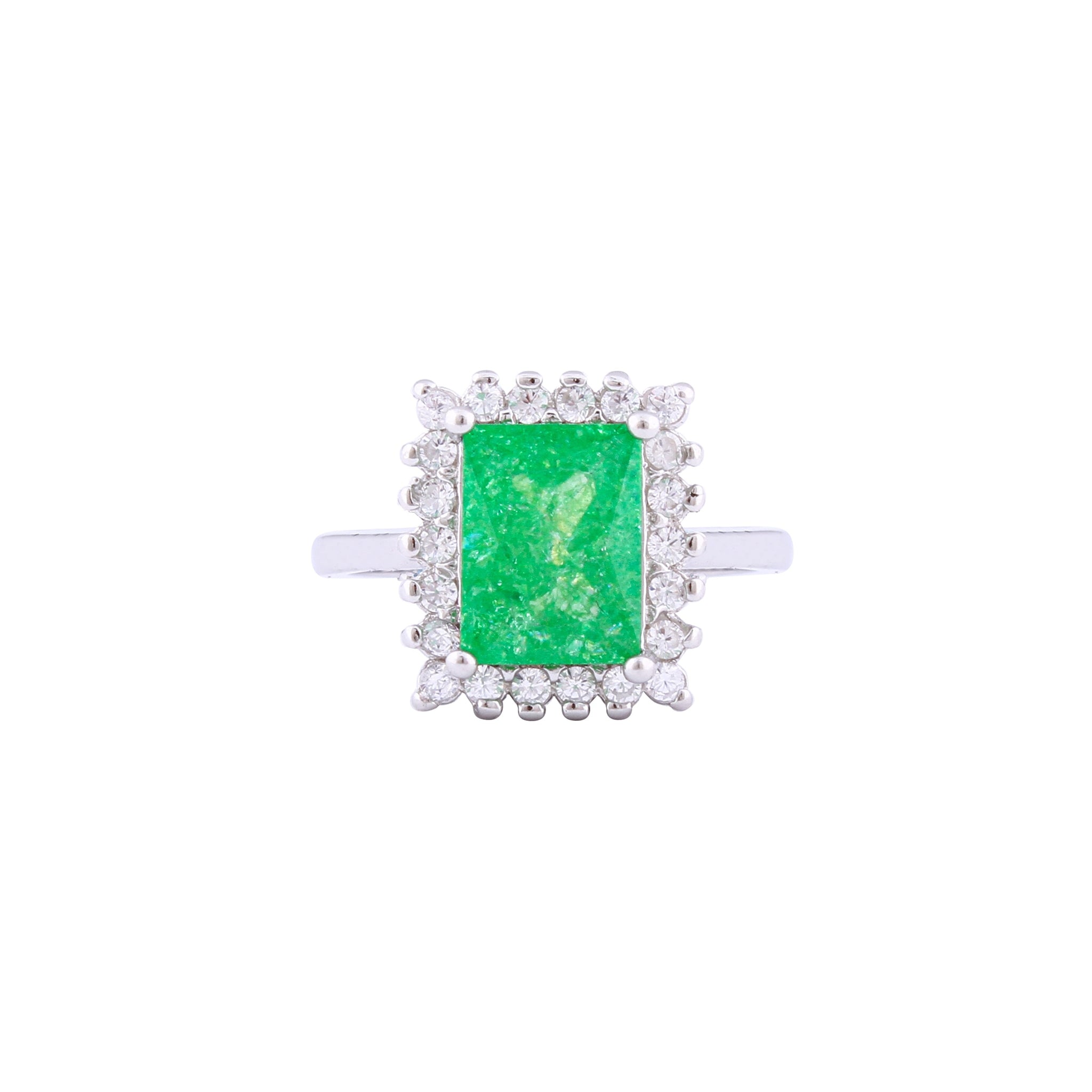 Asfour Crystal Halo Ring With Emerald Opal Stone Inlaid With Zircon In 925 Sterling Silver-RD0098-G-A-9