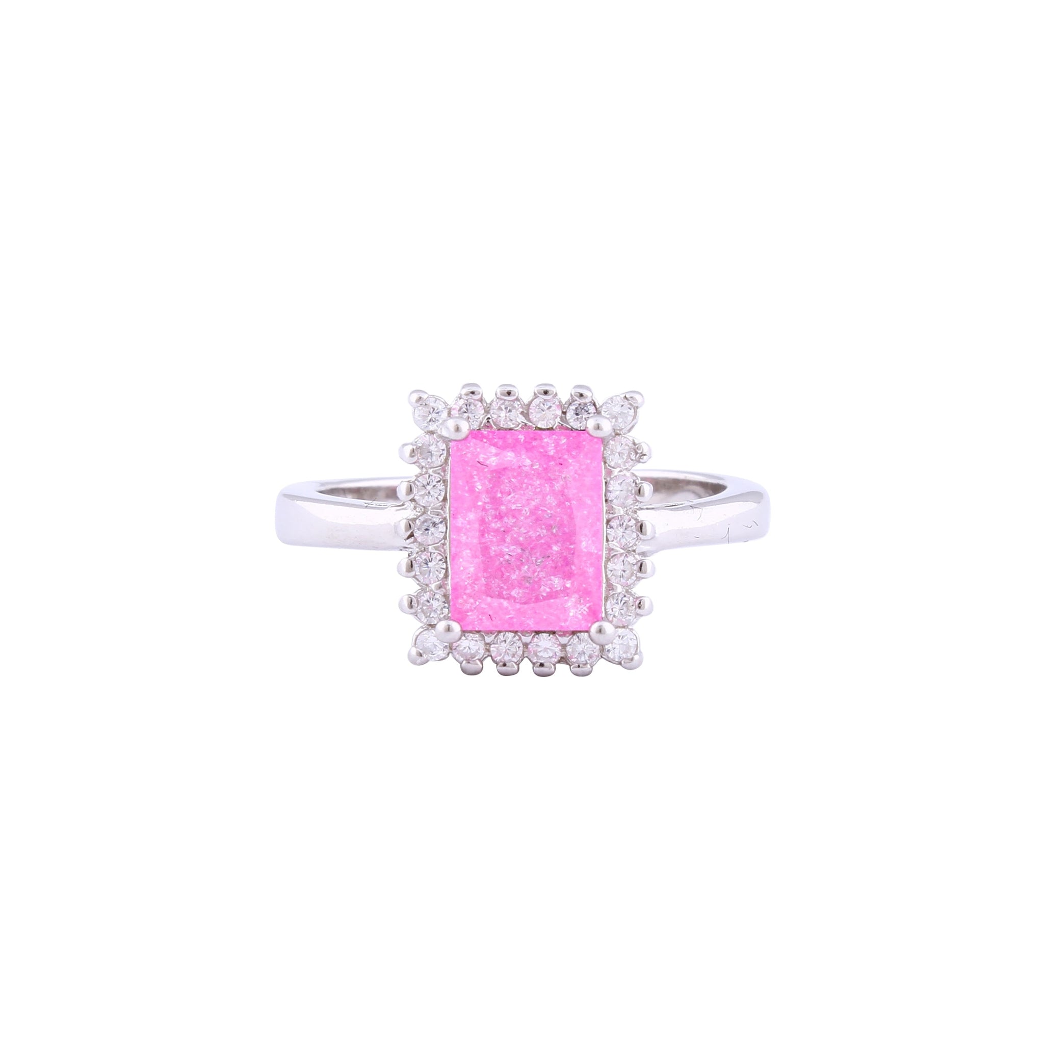 Asfour Crystal Halo Ring With Rose Emerald Cut Opal Stone In 925 Sterling Silver-RD0098-O-A-7