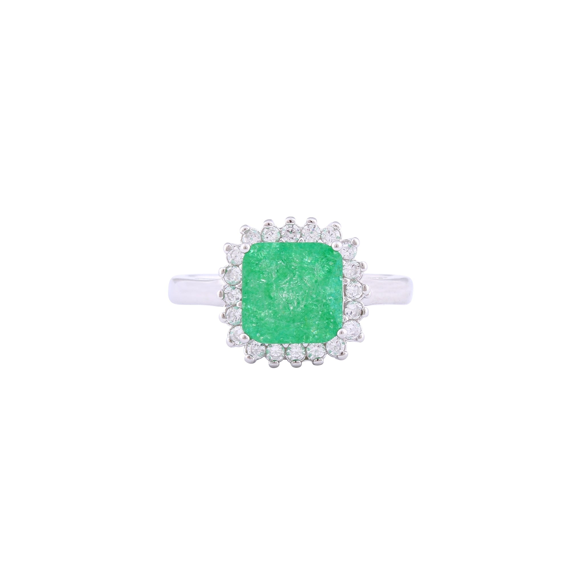 Asfour Crystal Halo Ring With Emerald Opal Stone In 925 Sterling Silver-RD0099-G-A-7