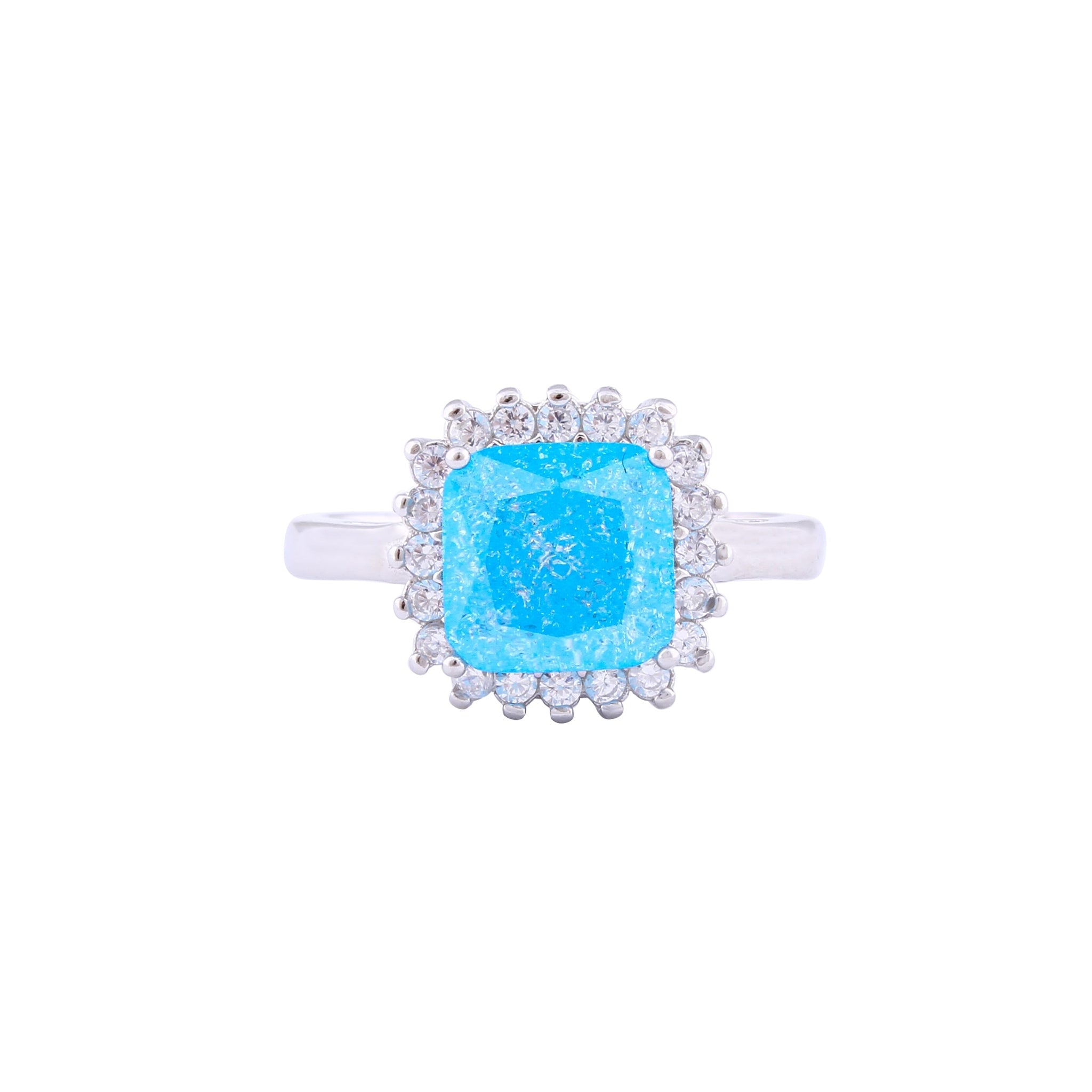 Asfour Crystal Halo Ring With Aquamarine Opal Stone In 925 Sterling Silver-RD0099-M-A-7