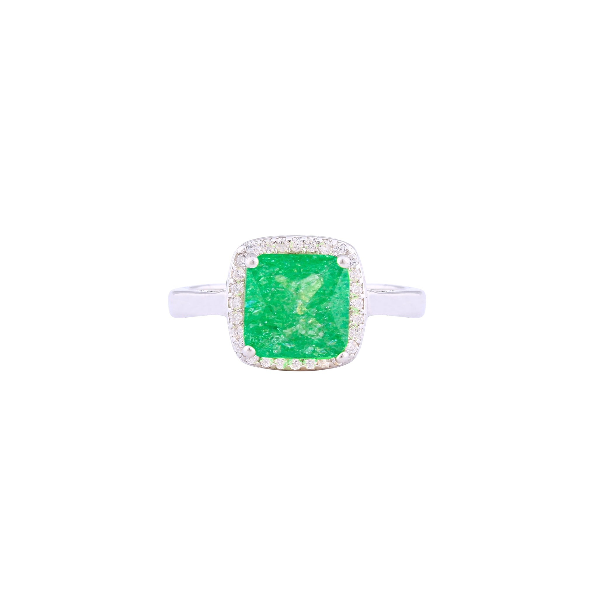Asfour Crystal Halo Ring With Emerald Opal Stone In 925 Sterling Silver-RD0100-G-A-7