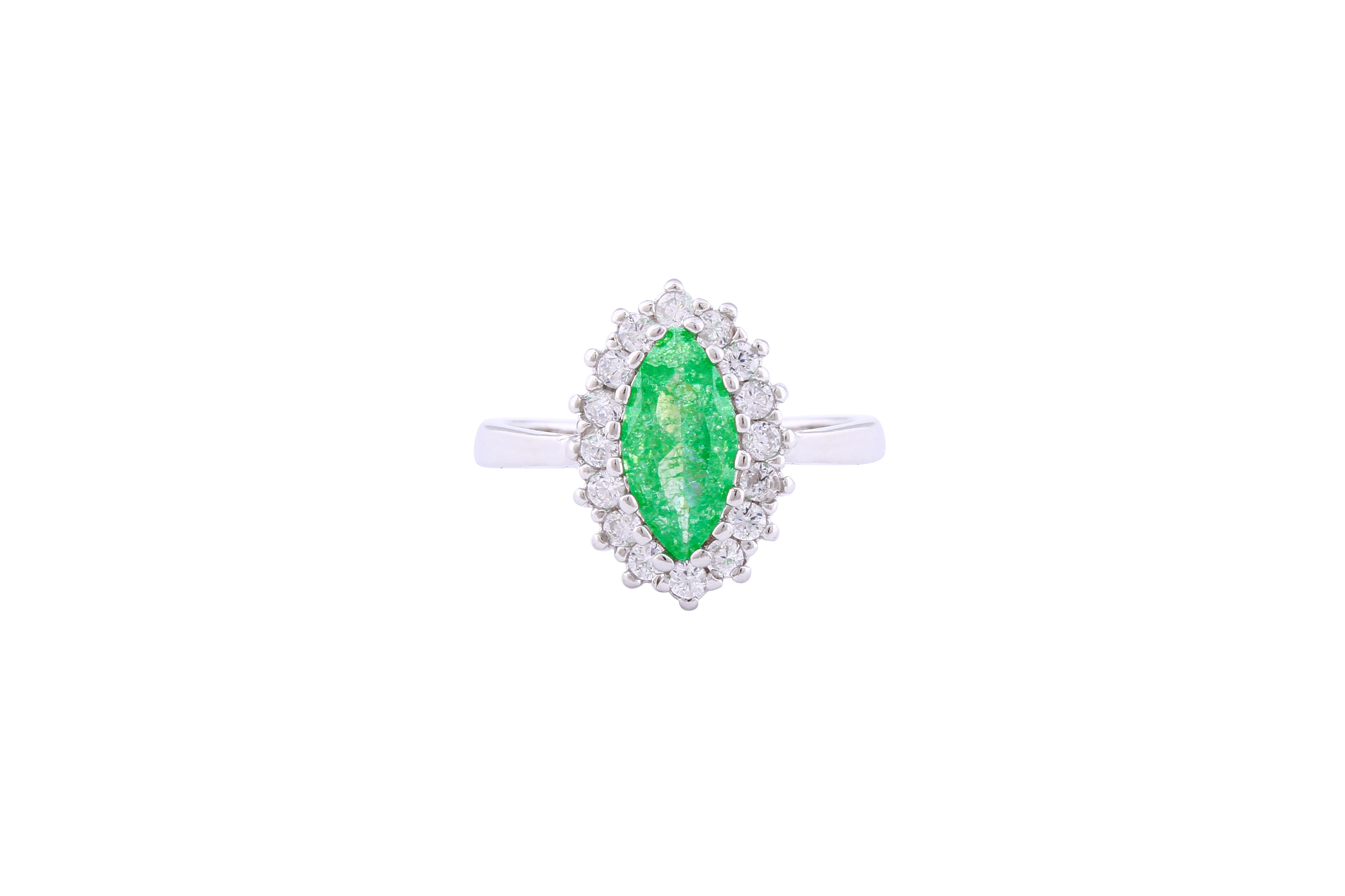 Asfour Crystal Halo Ring With Emerald Marquise Cut Opal Stone In 925 Sterling Silver-RD0101-G-A-9