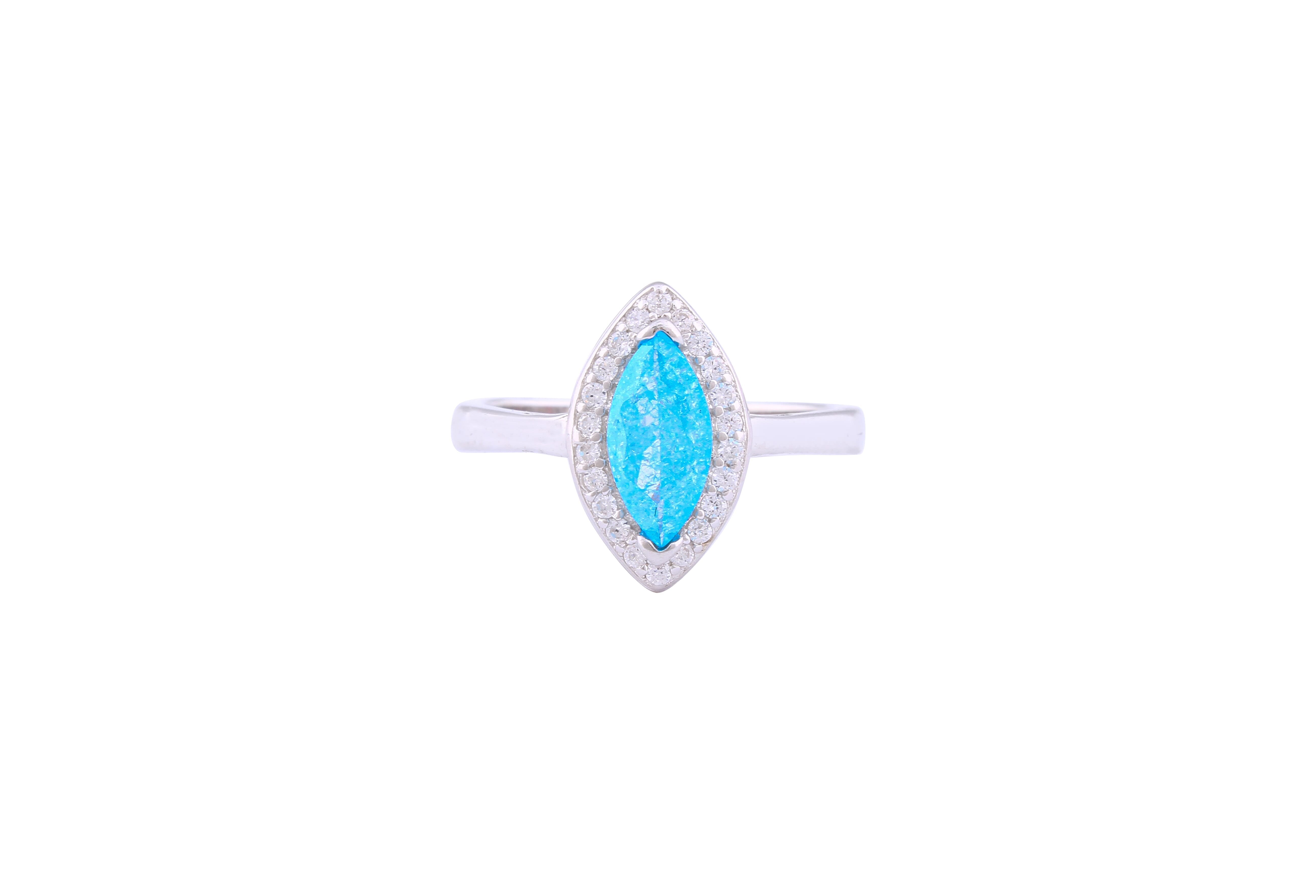 Asfour Crystal Halo Ring With Aquamarine Marquise Cut Opal Stone In 925 Sterling Silver-RD0102-M-A-7