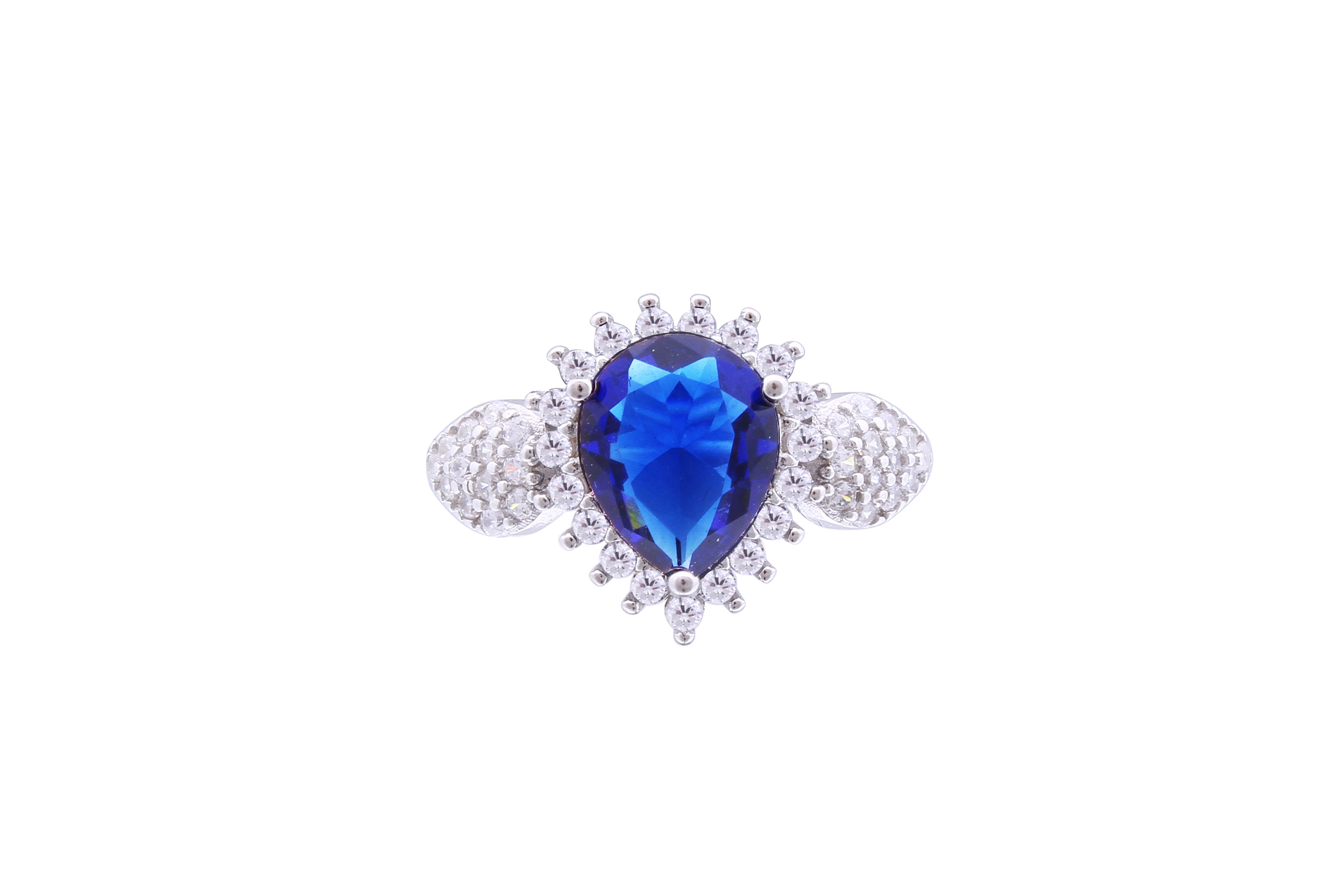 Asfour Crystal Halo Ring With Blue Pear Design In 925 Sterling Silver RD0122-WB-9
