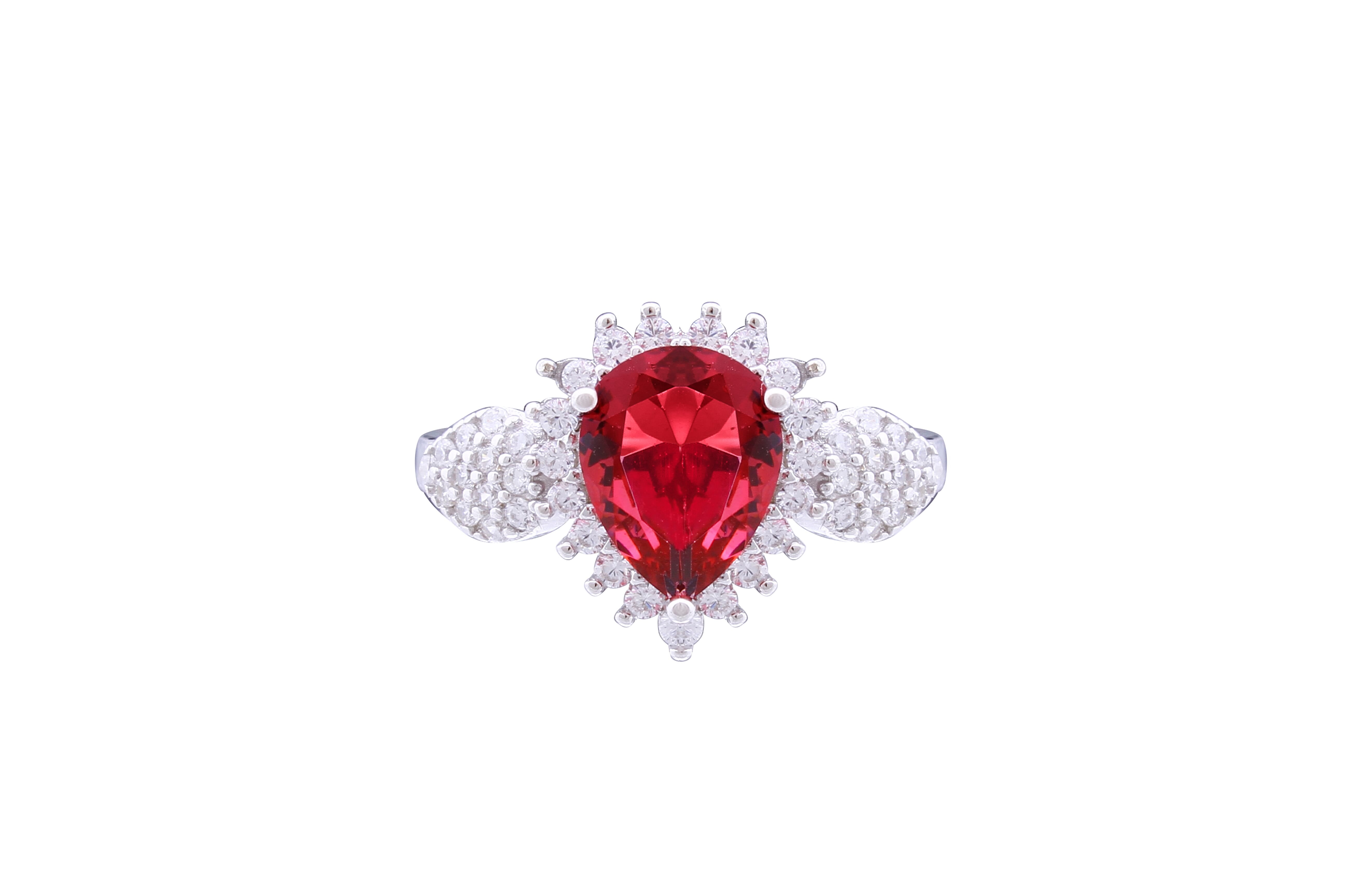 Asfour Crystal Halo Ring With Fuchsia Pear Design In 925 Sterling Silver RD0122-WF-8