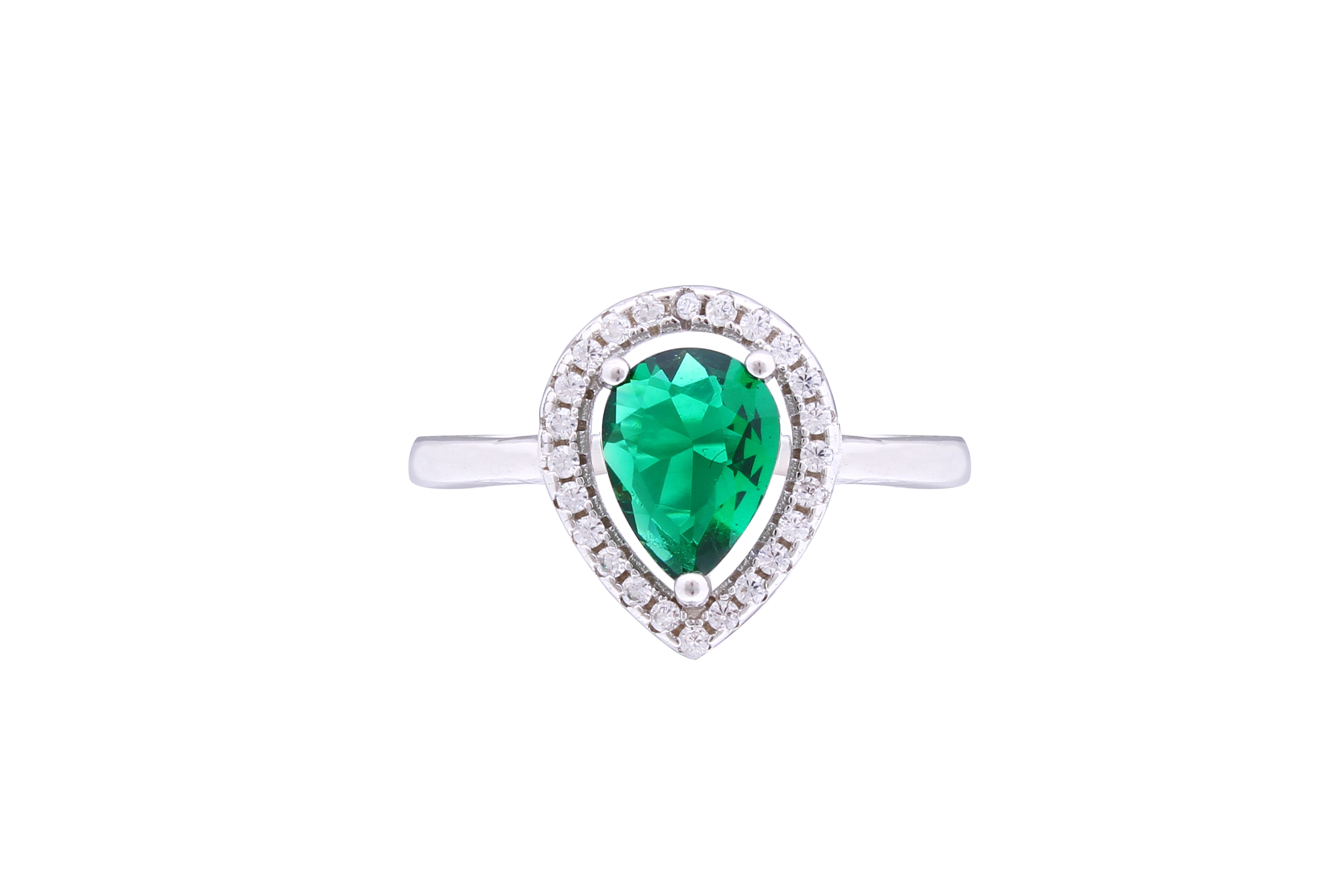 Asfour Crystal Halo Ring With Emerald Pear Design In 925 Sterling Silver RD0123-G-9