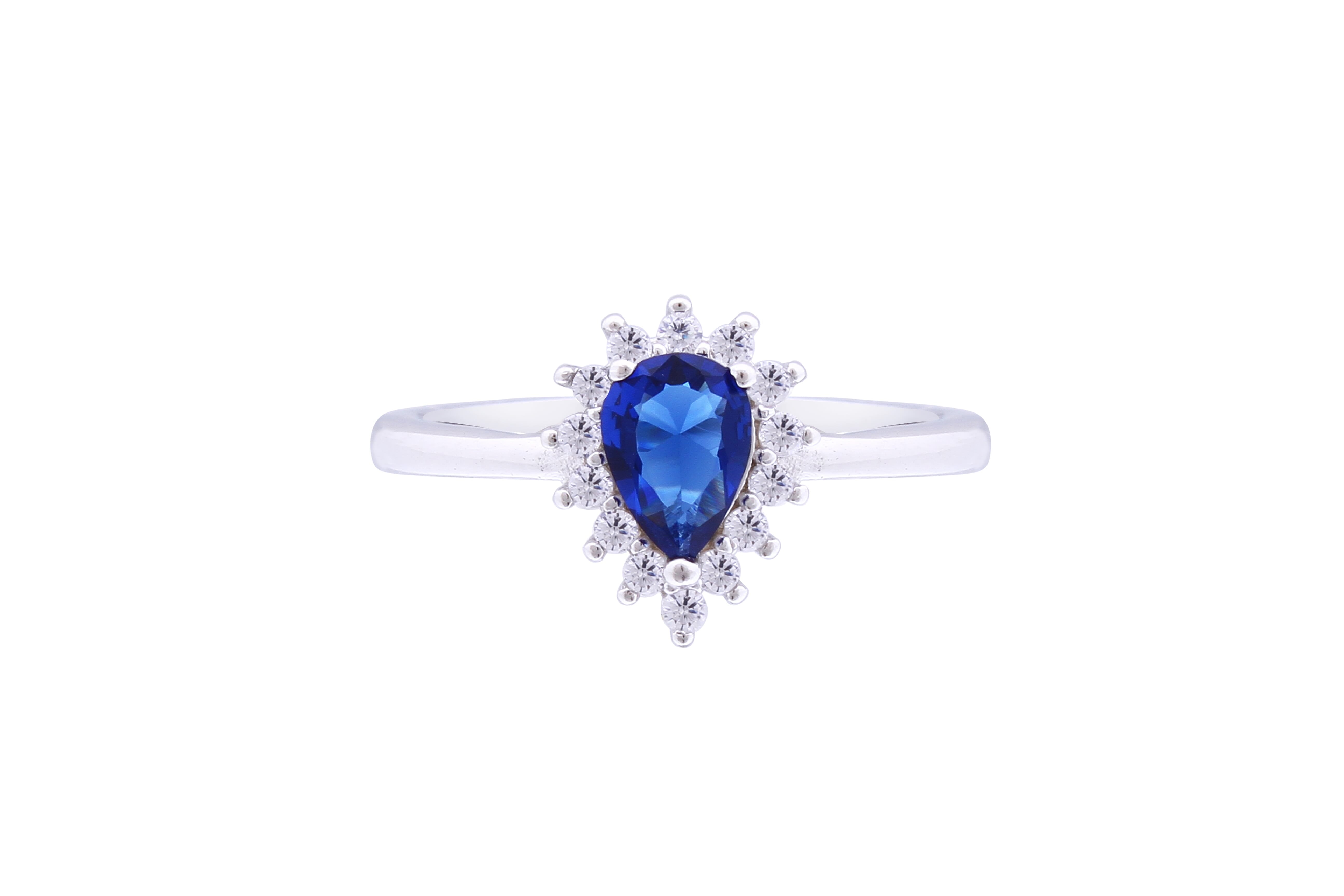 Asfour Crystal Halo Ring With Blue Pear Design In 925 Sterling Silver RD0124-WB-7