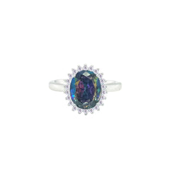 Asfour Crystal Drew Ring With Halo Multi Color Oval Design In 925 Sterling Silver-RD0212-AP-9