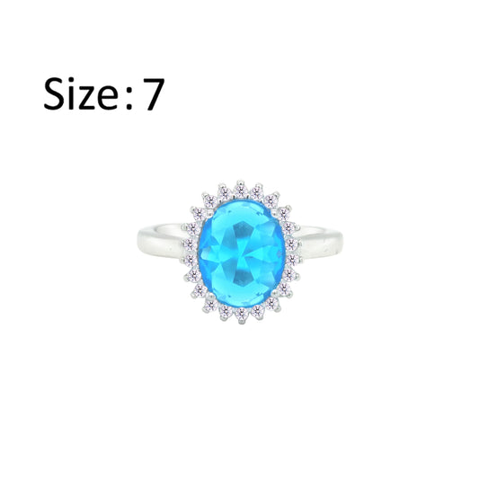 Asfour Crystal Drew Ring With Halo Aquamarine Oval Design In 925 Sterling Silver-RD0212-M-8