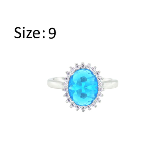 Asfour Crystal Drew Ring With Halo Aquamarine Oval Design In 925 Sterling Silver-RD0212-M-9