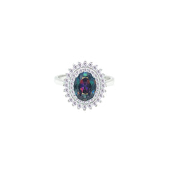 Asfour Crystal Drew Ring With Halo Multi Color Oval Design In 925 Sterling Silver-RD0213-WAP-7