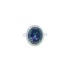 Asfour Crystal Drew Ring With Halo Multi Color Oval Design In 925 Sterling Silver-RD0214-AP-8