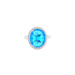 Asfour Crystal Drew Ring With Halo Aquamarine Oval Design In 925 Sterling Silver-RD0214-M-7