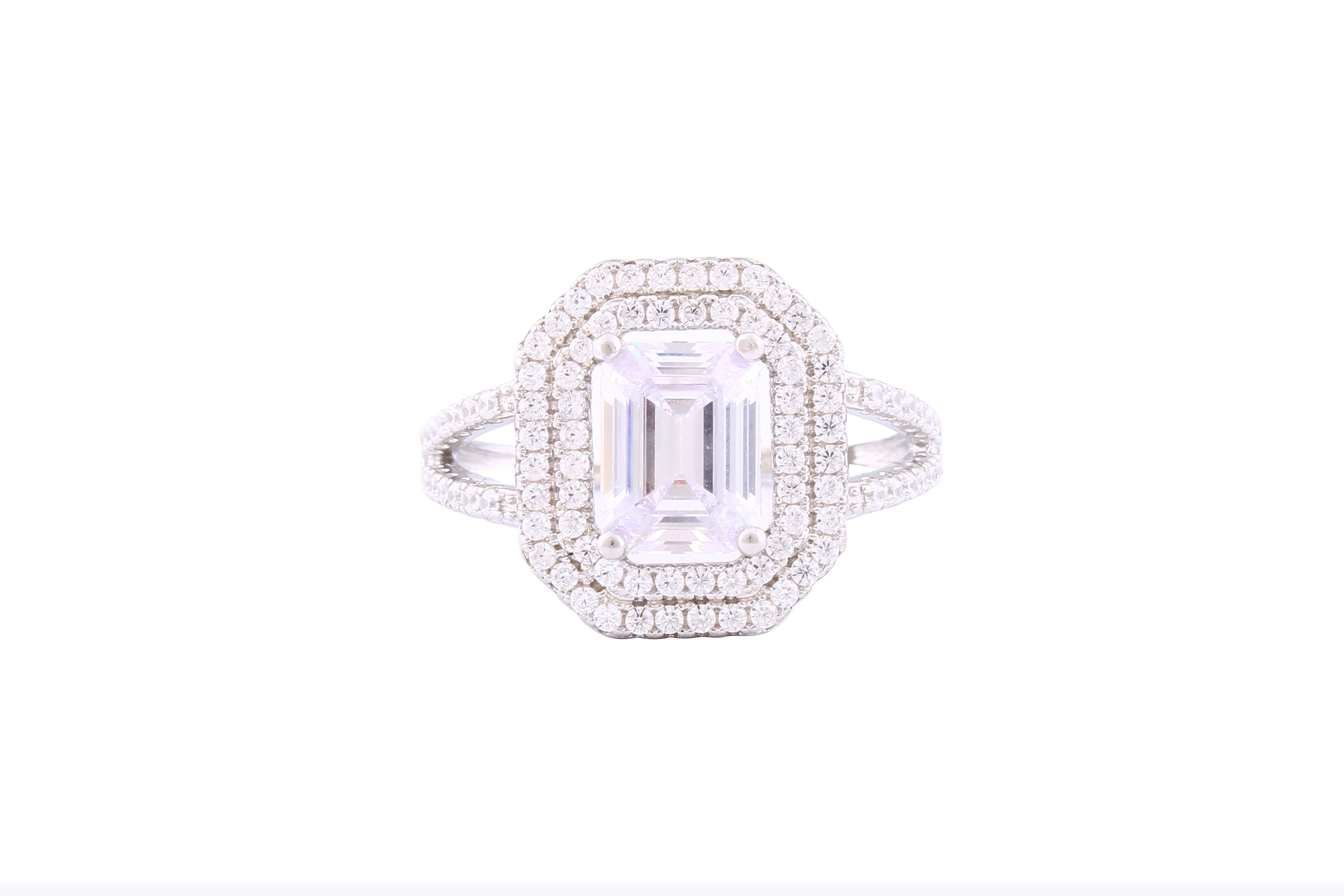 Asfour Crystal Halo Ring Inlaid With Emerald Cut Zircon Stone In 925 Sterling Silver RM0003-7