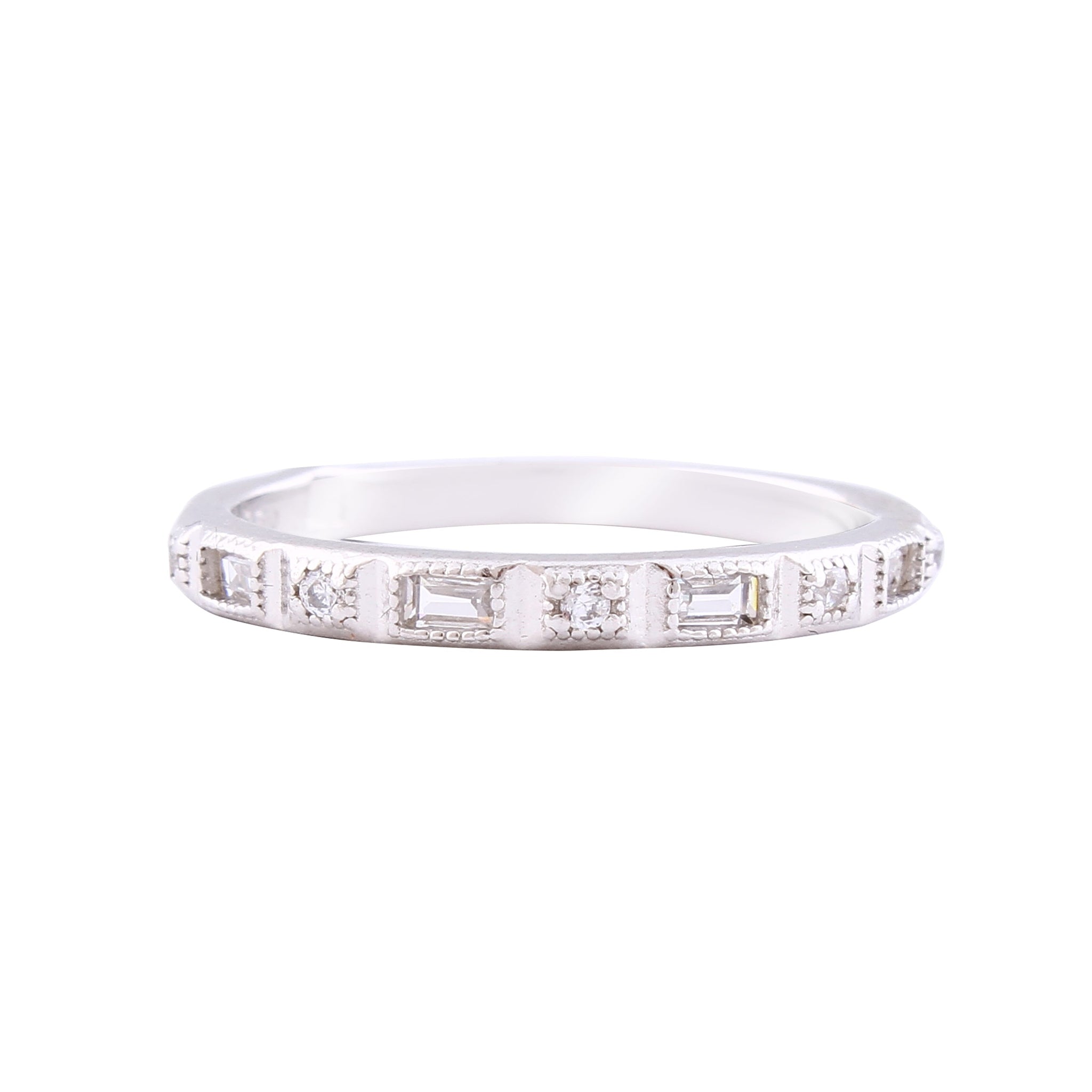 Asfour Crystal Vintage Band Ring With Round & Baguette Zircon Stones In 925 Sterling Silver RM0025-8