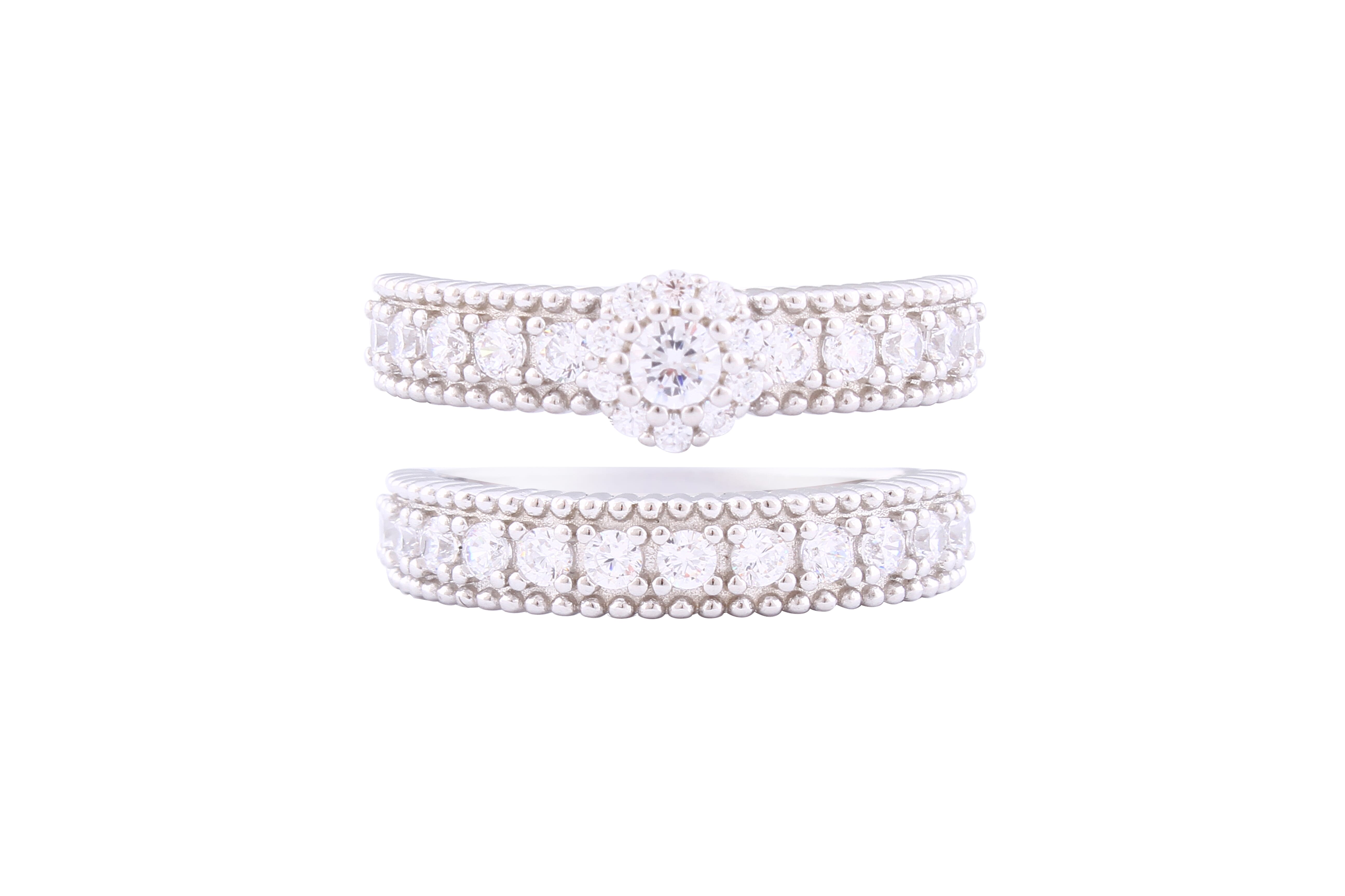 Asfour Crystal Twin Rings With Round Design Inlaid With Zircon In 925 Sterling Silver RM0033-7