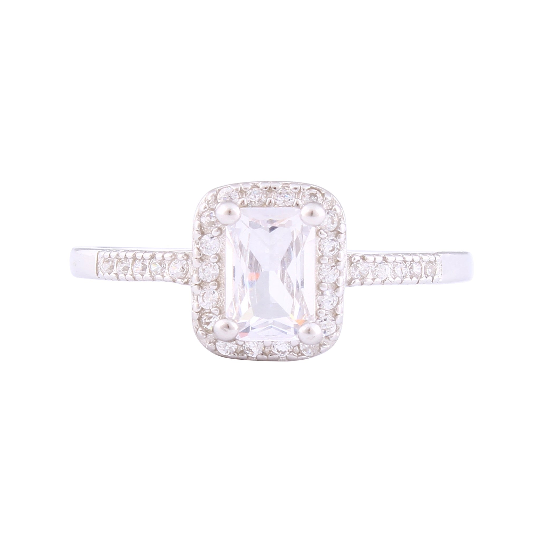 Asfour Crystal Halo Ring Inlaid With Emerald Cut Zircon Stone In 925 Sterling Silver RM0075-7