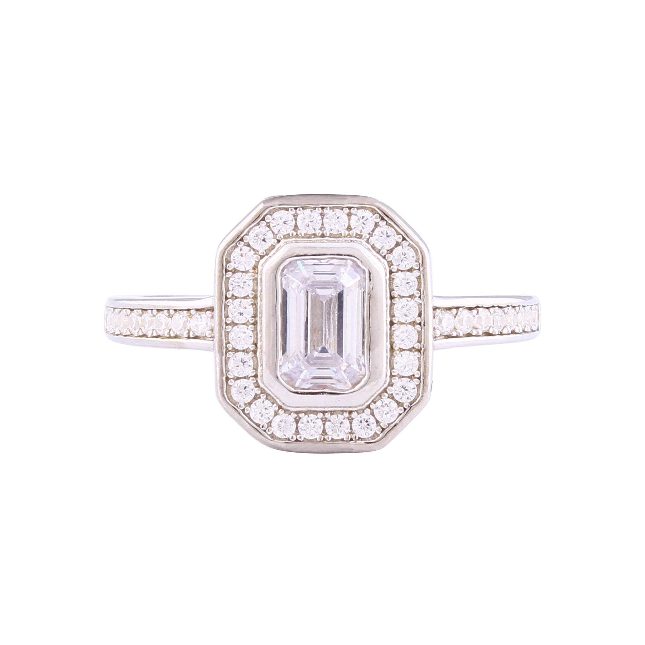 Asfour Crystal Halo Ring Inlaid With Emerald Cut Zircon Stone In 925 Sterling Silver RM0076-8