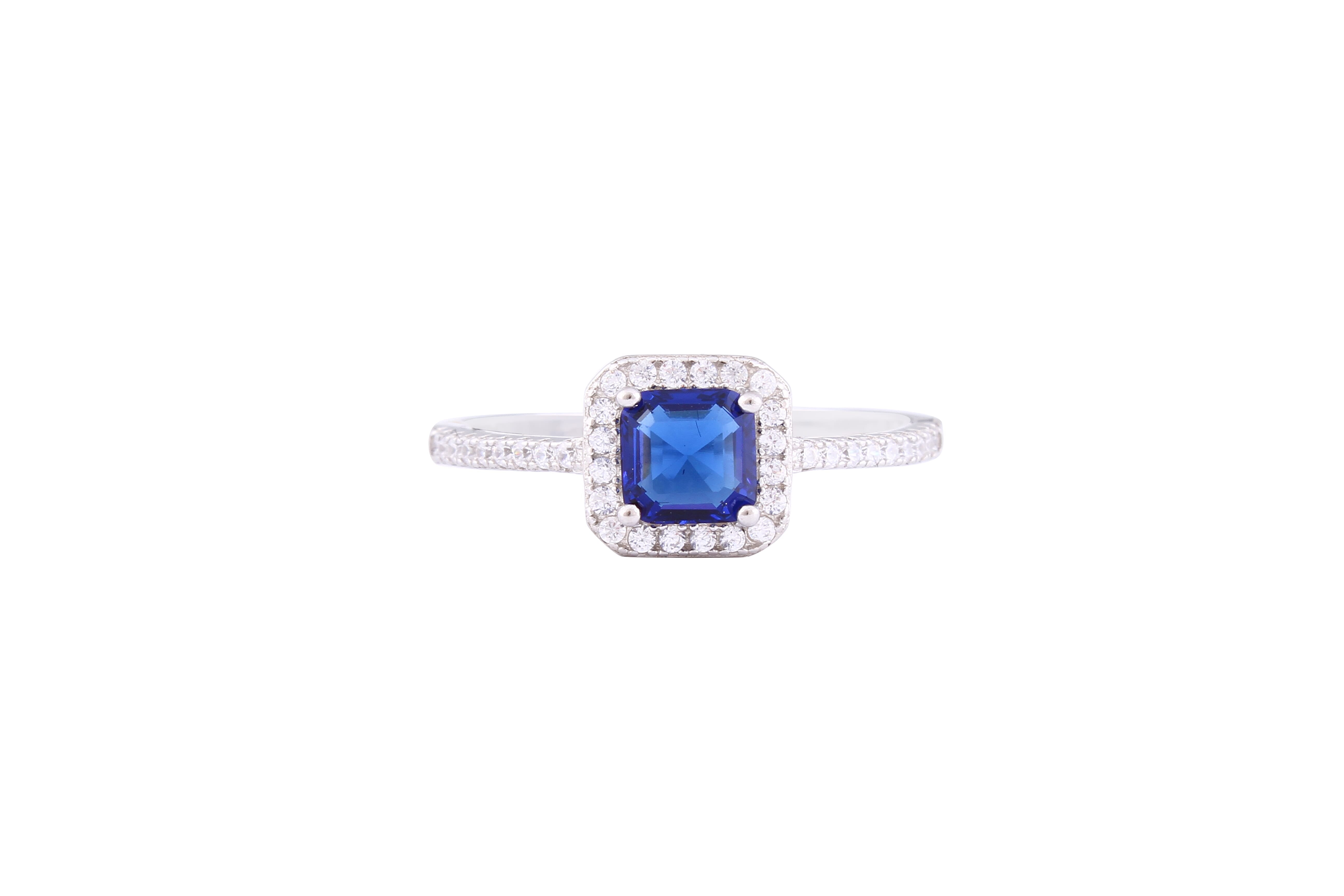 Asfour Crystal Halo Ring With Blue Square Zircon Stone In 925 Sterling Silver RM0082-WB-9