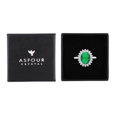 Asfour Crystal Drew Ring With Halo Emerald Oval Zircon In 925 Sterling Silver-RM0110-G-8