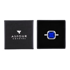 Asfour Crystal Drew Ring With Halo Blue Square Stone In 925 Sterling Silver-RM0111-B-7