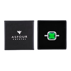 Asfour Crystal Drew Ring With Halo Emerald Square Zircon In 925 Sterling Silver-RM0111-G-7