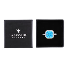 Asfour Creations Drew Ring With Halo Aquamarine Square Stone In 925 Sterling Silver – Size 7 – RM0111-M-7